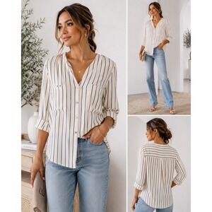 H&M Striped Blouse Womens Size 10 White Black V-Neck Roll Tab Sleeve Button Down